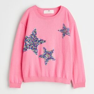 H&M Pink Knit Long Sleeve Top- Rainbow Sequin Stars- Size 4T